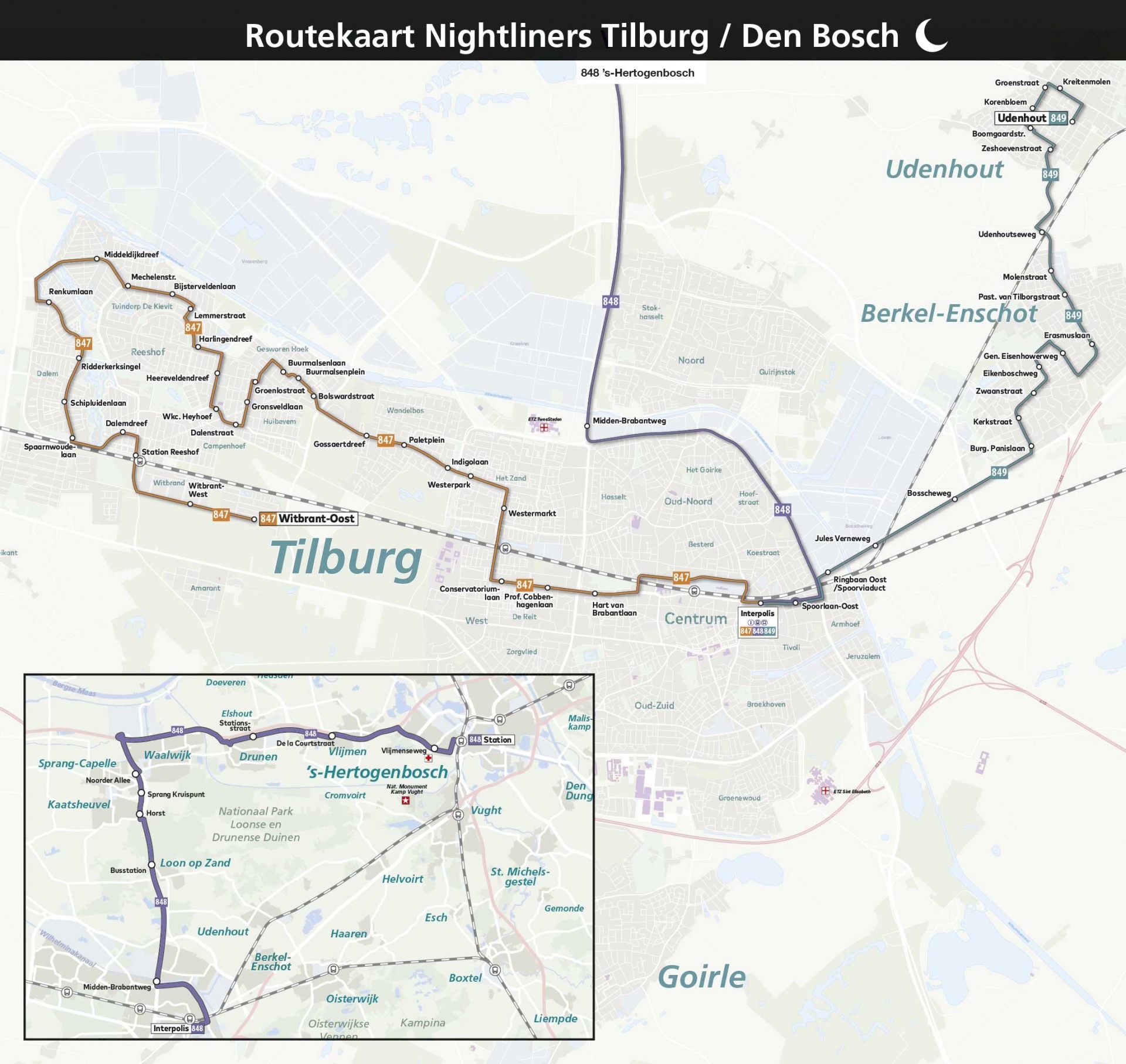Routekaart Nightliners Tilburg - Den Bosch 
