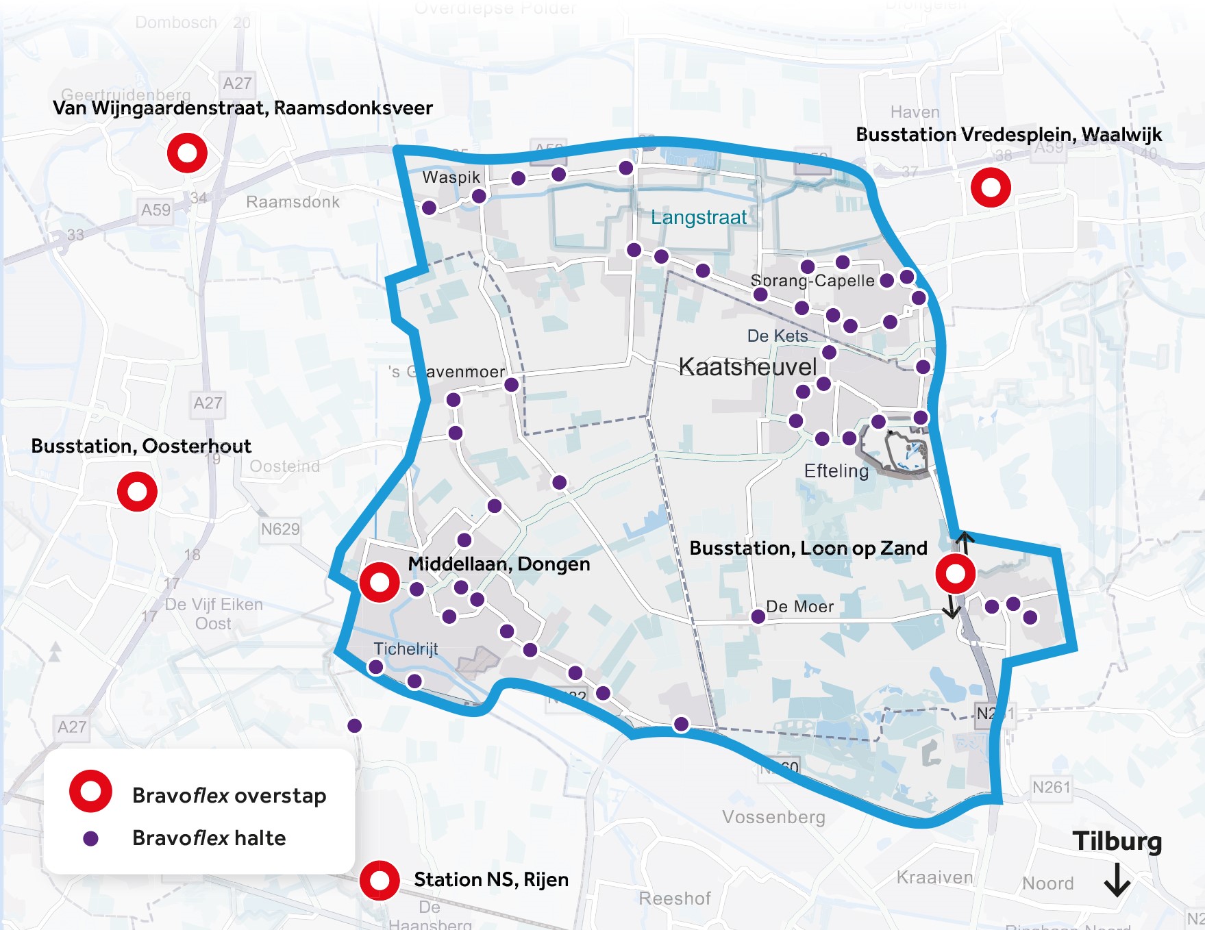 kaart met locaties haltes Bravoflex in Midden-Brabant
